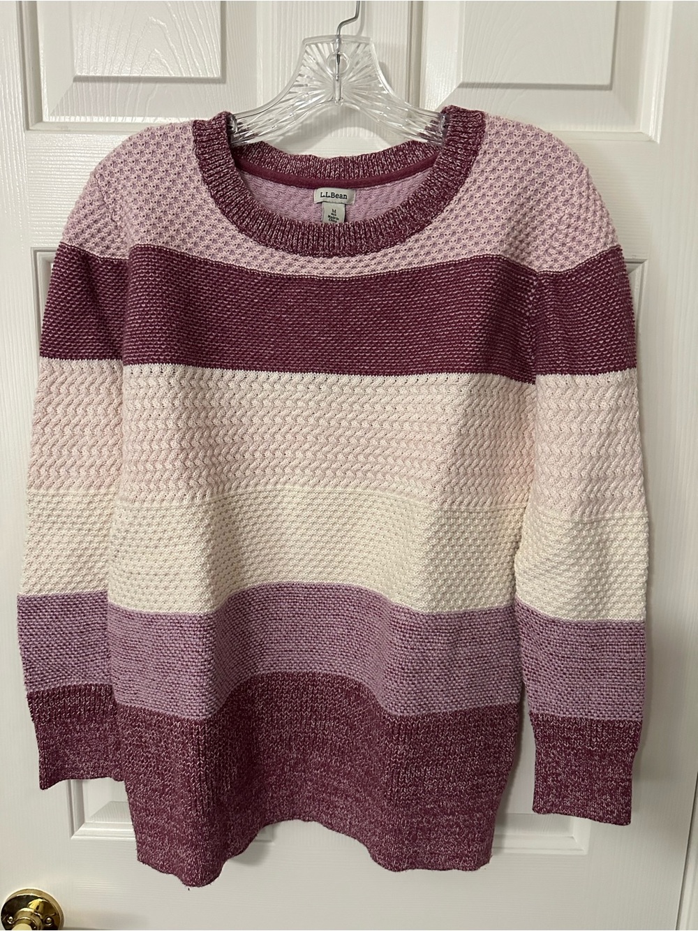 L.L. Bean Women's Mauve, Light Pink & Cream Striped Crewneck Sweater